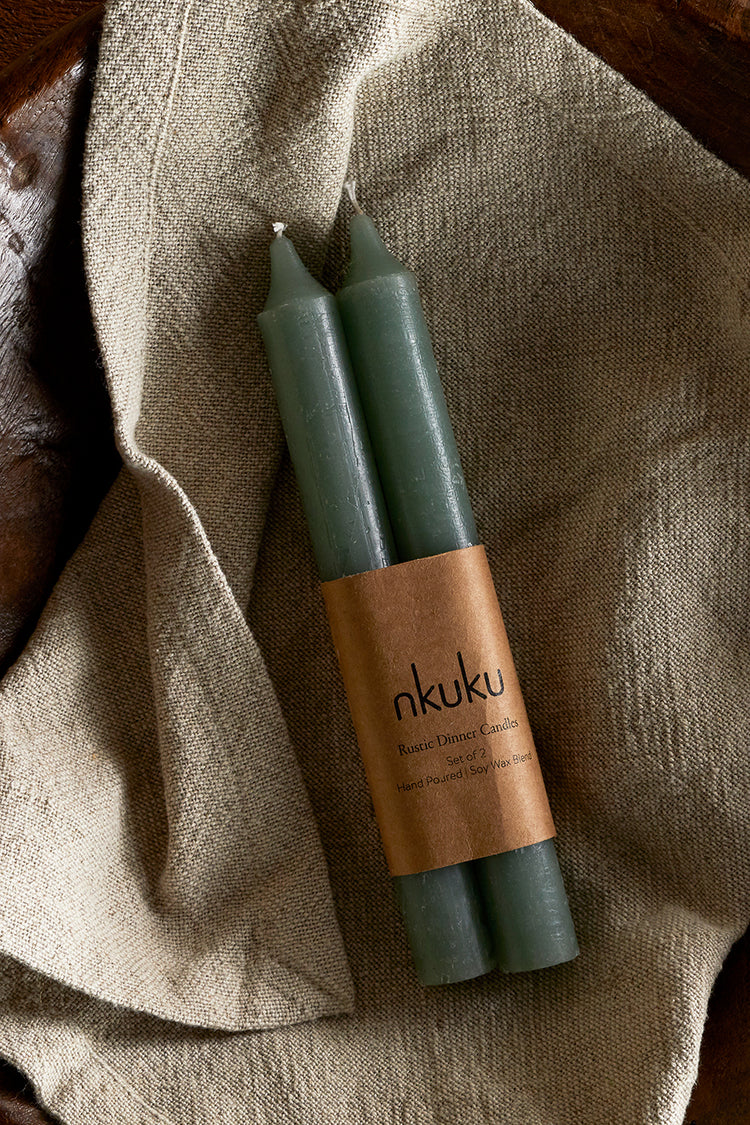 Nkuku Sage Green Rustic Soy Blend Dinner Candles - Set of 2