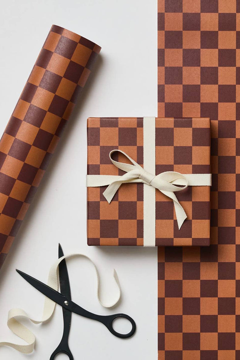 Kinshipped Cinnamon Dark Brown Checkerboard Gift Wrap