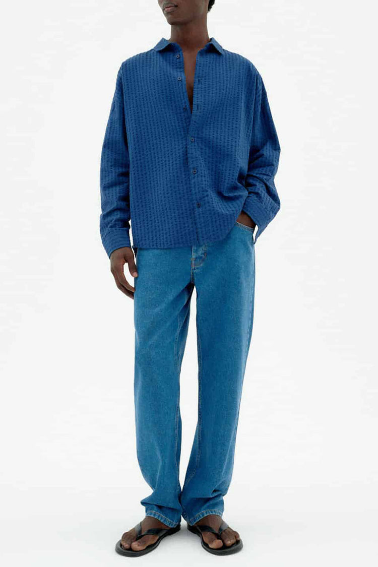 Thinking Mu Blue Cobalt Seersucker Haru Shirt