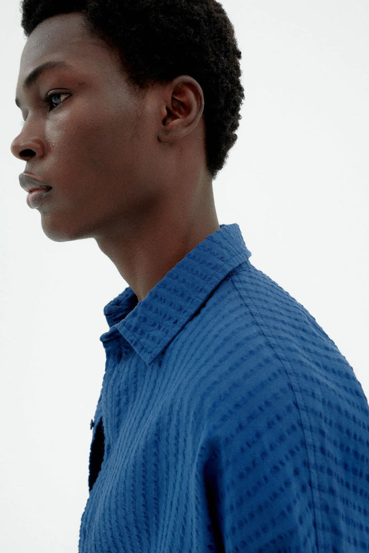 Thinking Mu Blue Cobalt Seersucker Haru Shirt