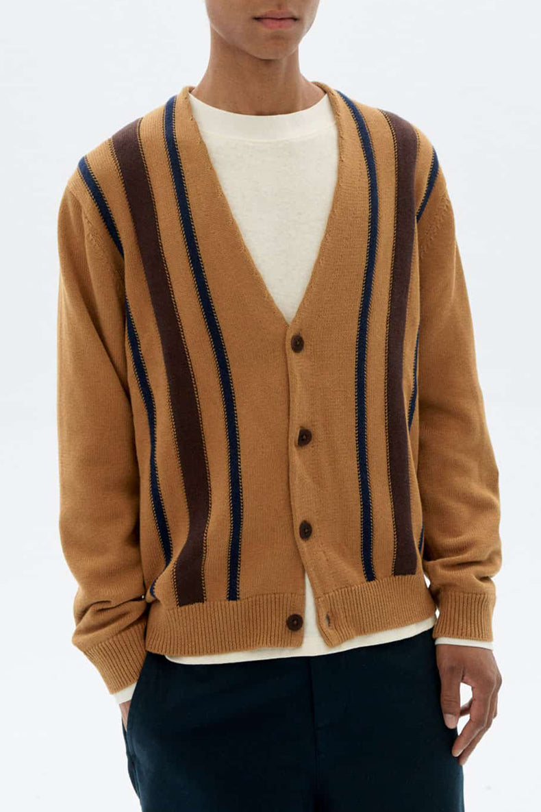 Thinking Mu Brown Stripes Creed Knitted Cardigan