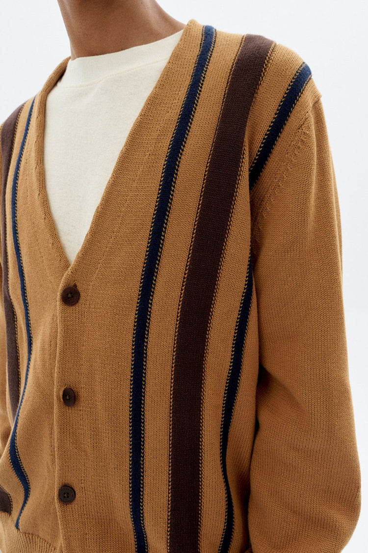 Thinking Mu Brown Stripes Creed Knitted Cardigan