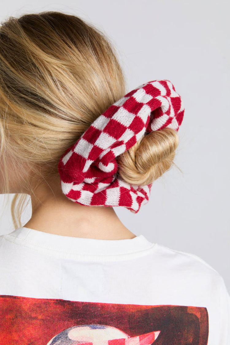 Damson Madder Red & Ecru Gingham Knitted Scrunchie