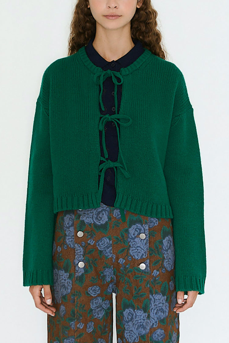 The Tiny Big Sister Dark Green Tie Detail Cardigan