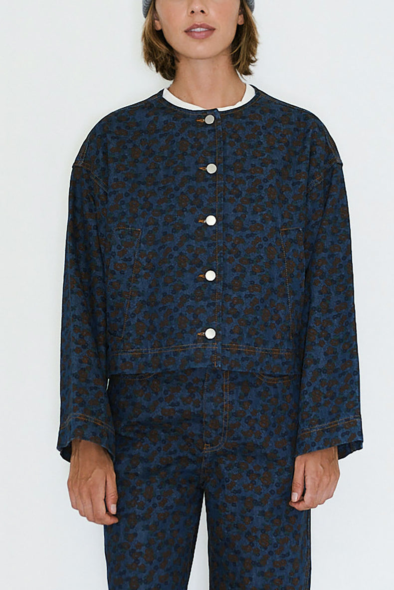 The Tiny Big Sister Deep Indigo Flowers Cropped Jacket