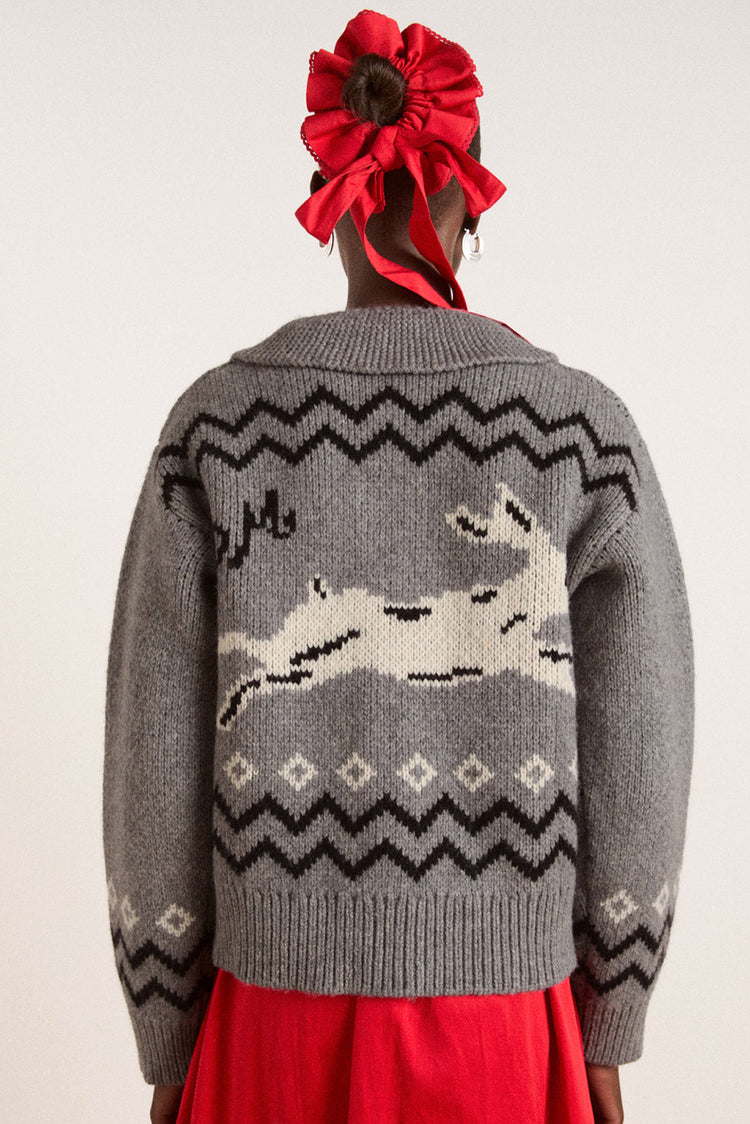 Damson Madder Grey Bunny Intarsia Cecily Collar Cardigan