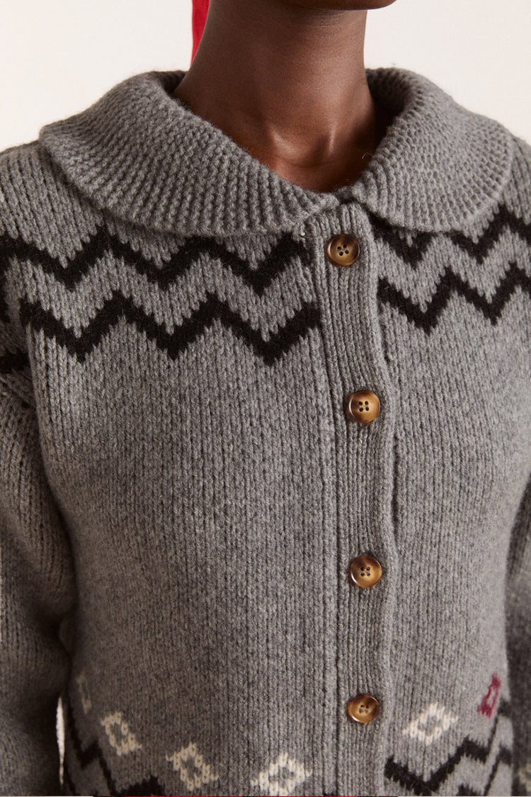 Damson Madder Grey Bunny Intarsia Cecily Collar Cardigan