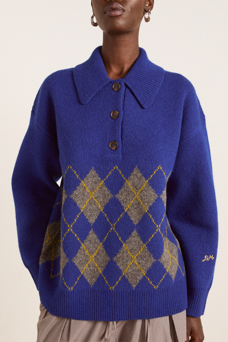 Damson Madder Cobalt Bold Argyle Saskia Slouchy Rugby Jumper
