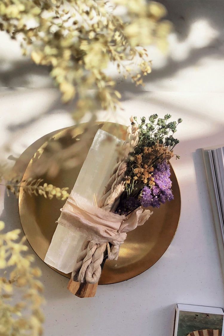 Palo Santo Selenite Incenses And Dried Flowers