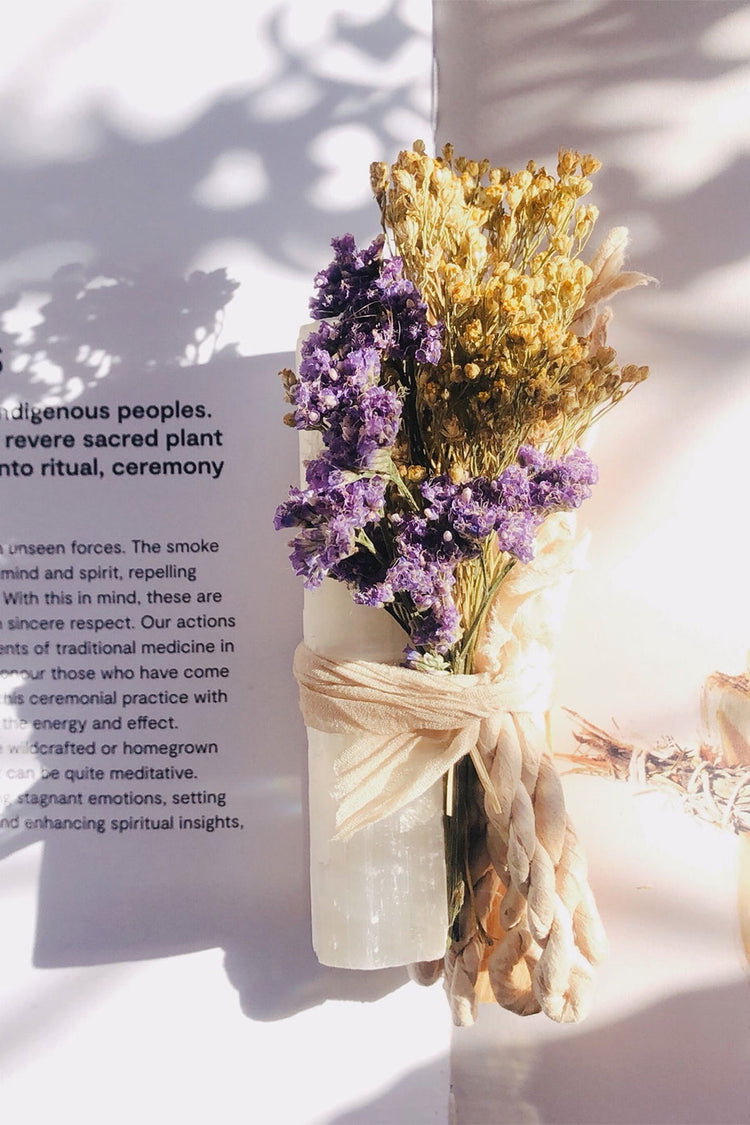 Palo Santo Selenite Incenses And Dried Flowers