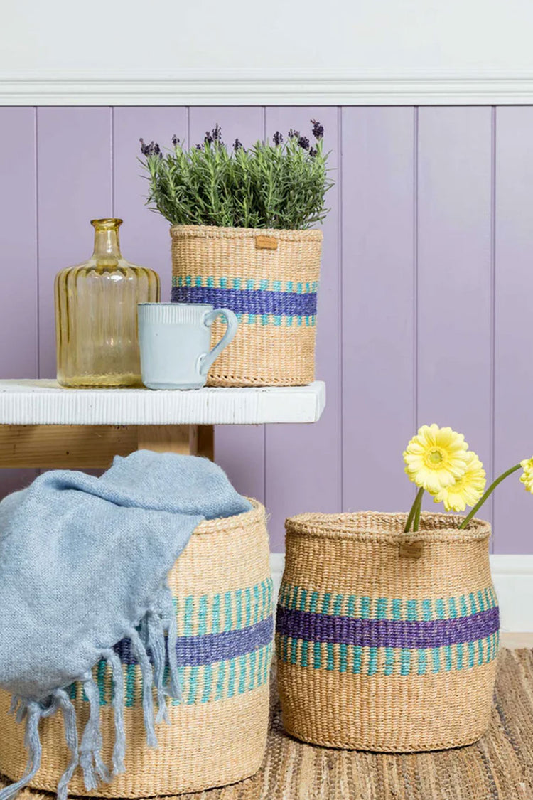 Baby Blue Vertical Stripe Huduma Basket M