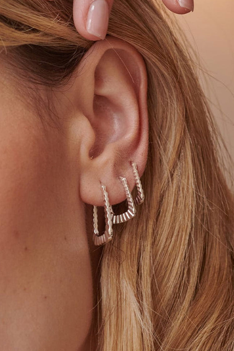 Silver Midi Striped Creole Hoop Earrings