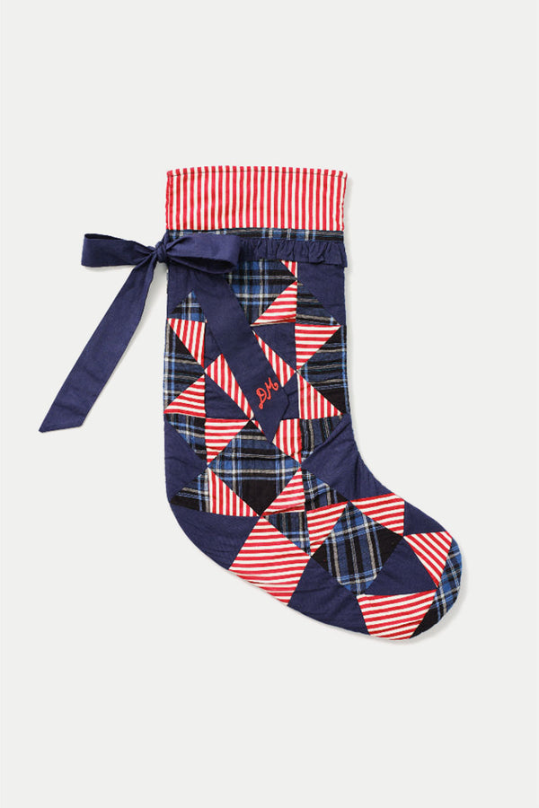 Navy Check Red Stripe Bow Christmas Stocking