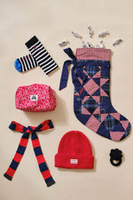 Navy Check Red Stripe Bow Christmas Stocking