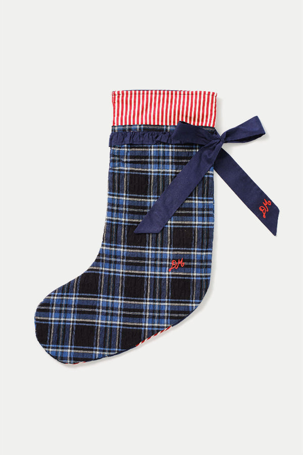 Navy Check Red Stripe Bow Christmas Stocking