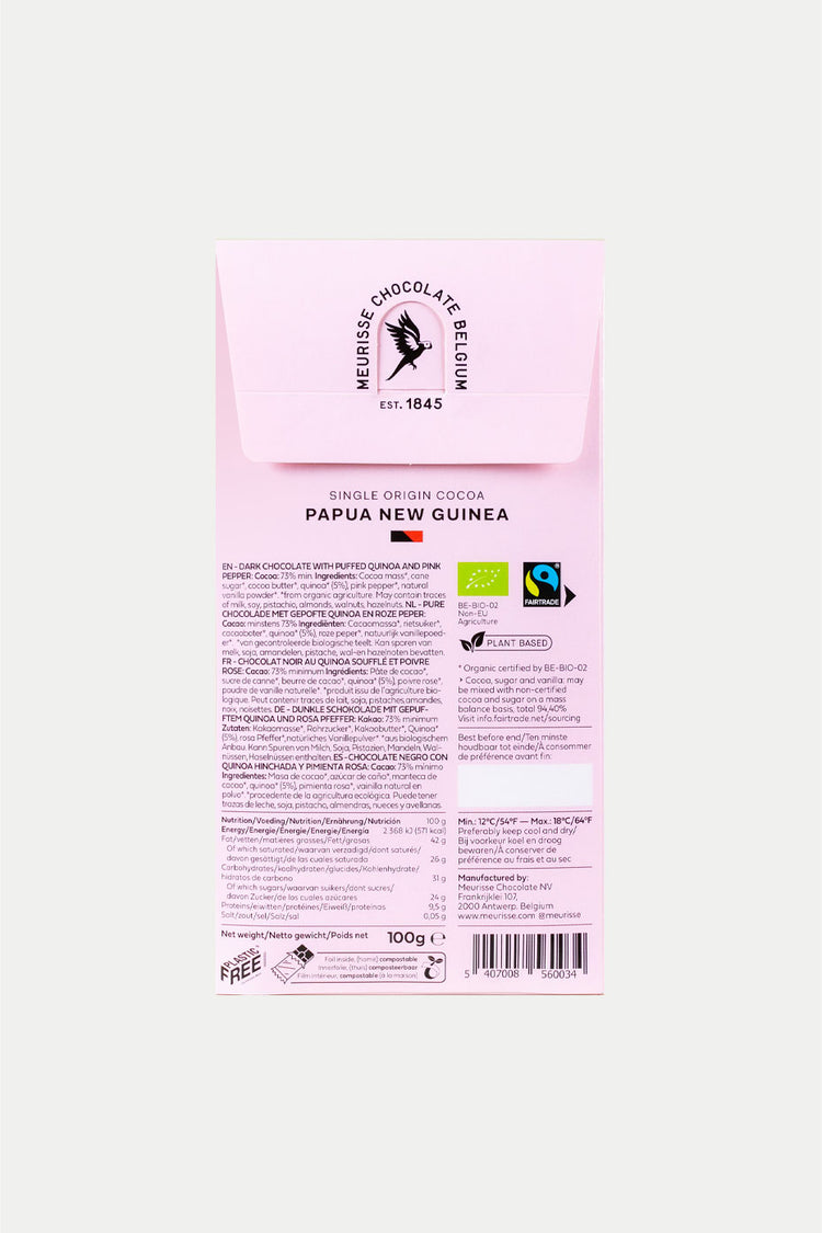 Puffed Quinoa & Pink Pepper Dark Chocolate 100g