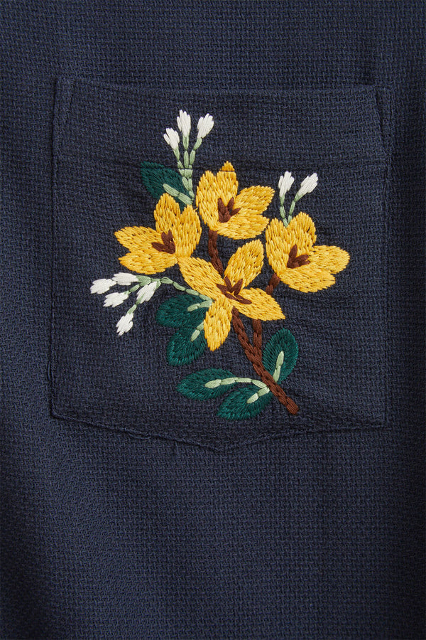 Navy Pique Embroidery Flowers Shirt