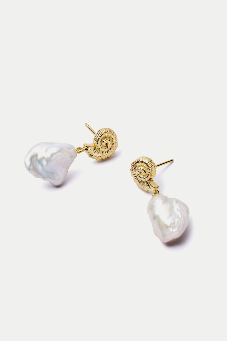 Gold Plated Shell Baroque Pearl Drop Earrings