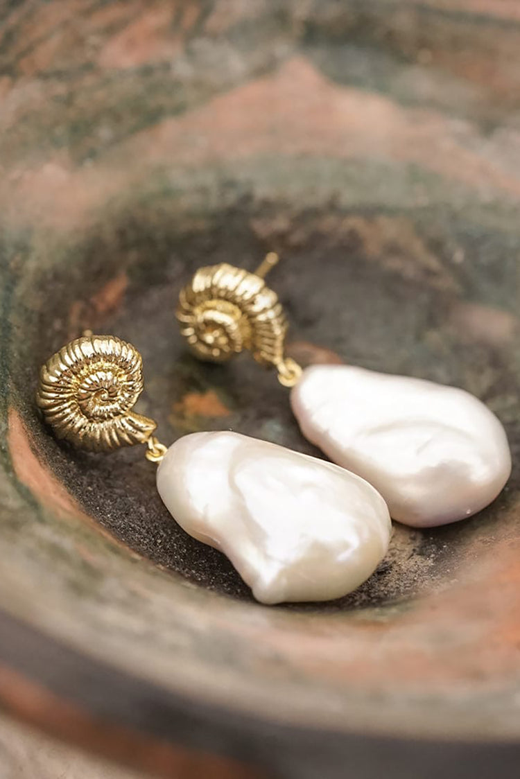 Gold Plated Shell Baroque Pearl Drop Earrings