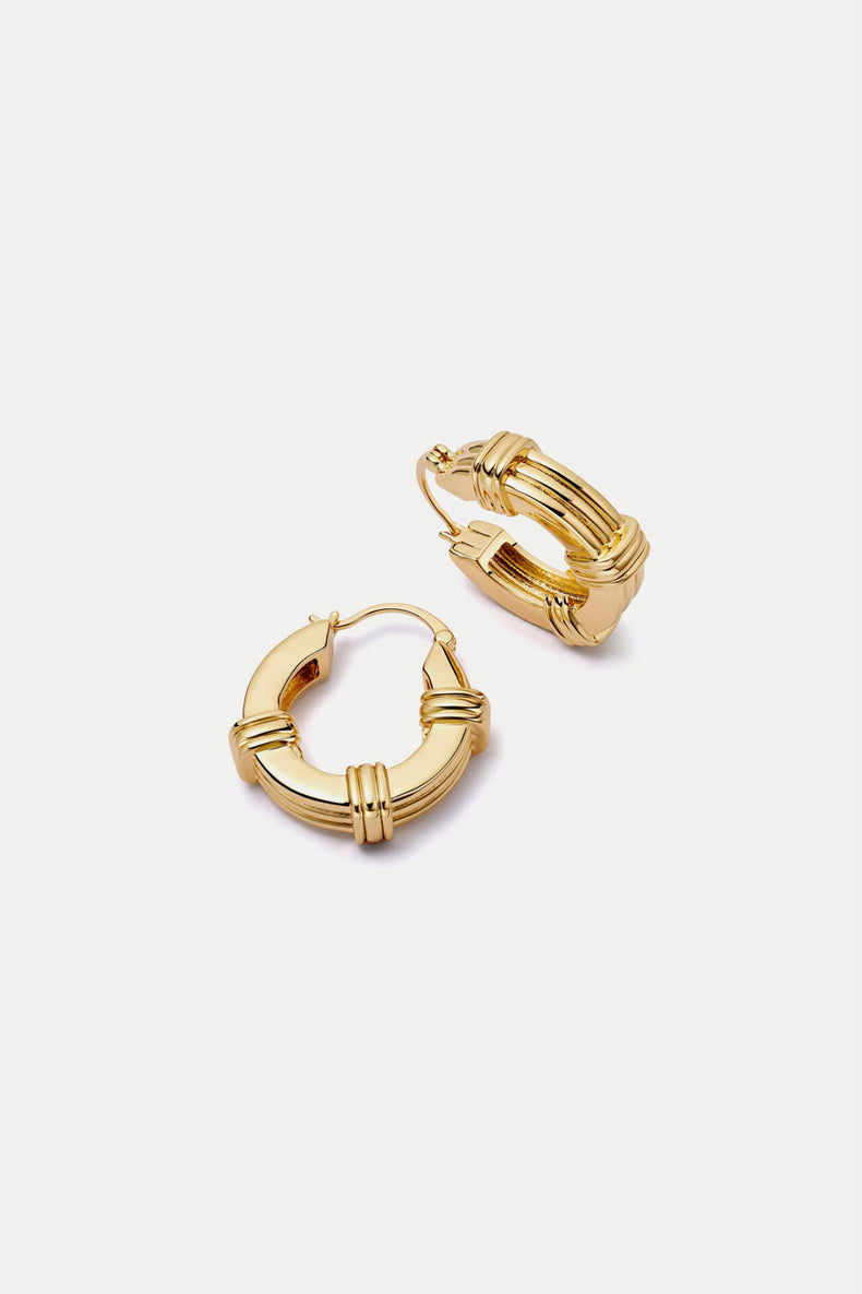 Gold Triple Ridge Chunky Hoop Earrings