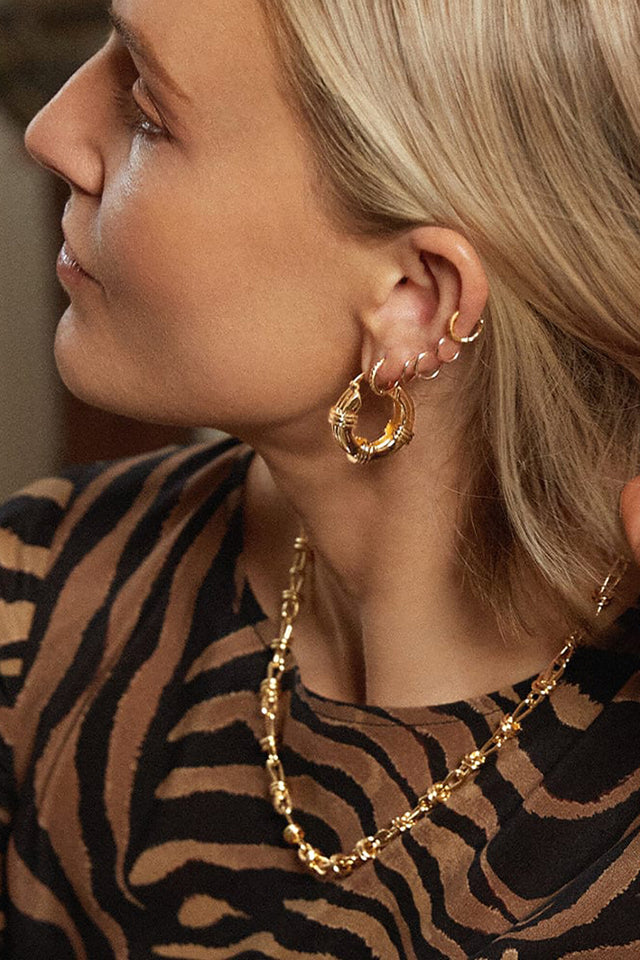 Gold Triple Ridge Chunky Hoop Earrings