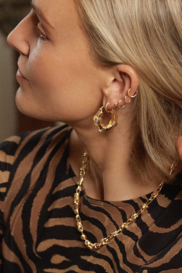 Gold Triple Ridge Chunky Hoop Earrings