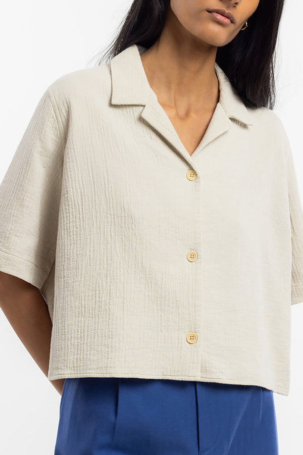 Washed Sand Cropped Bowling Shirt