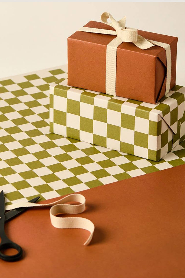 Kinshipped Green Checkerboard and Cinnamon Gift Wrap 