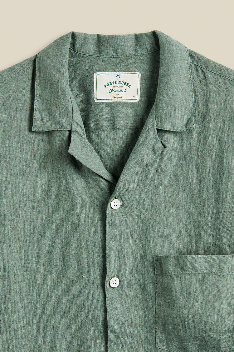 Dry Green Linen Camp Collar Shirt