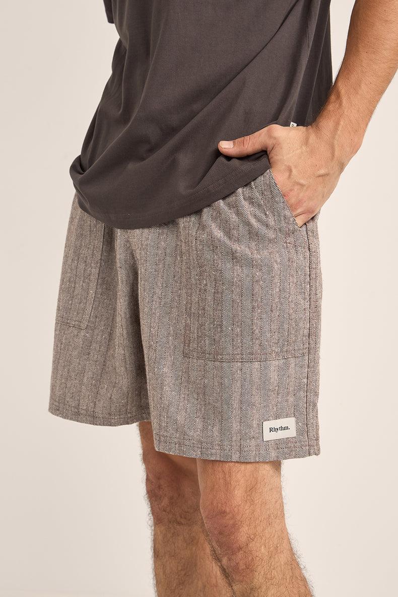 Brown Linen Stripe Fatigue Jam Shorts