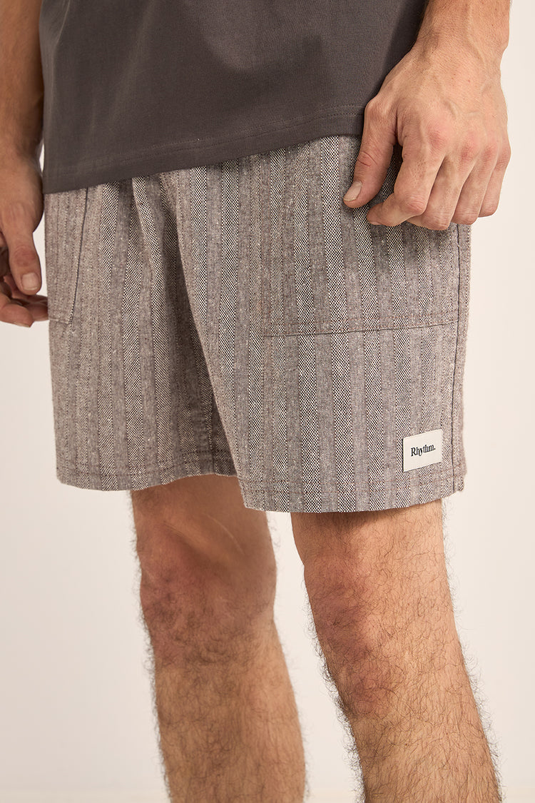 Brown Linen Stripe Fatigue Jam Shorts