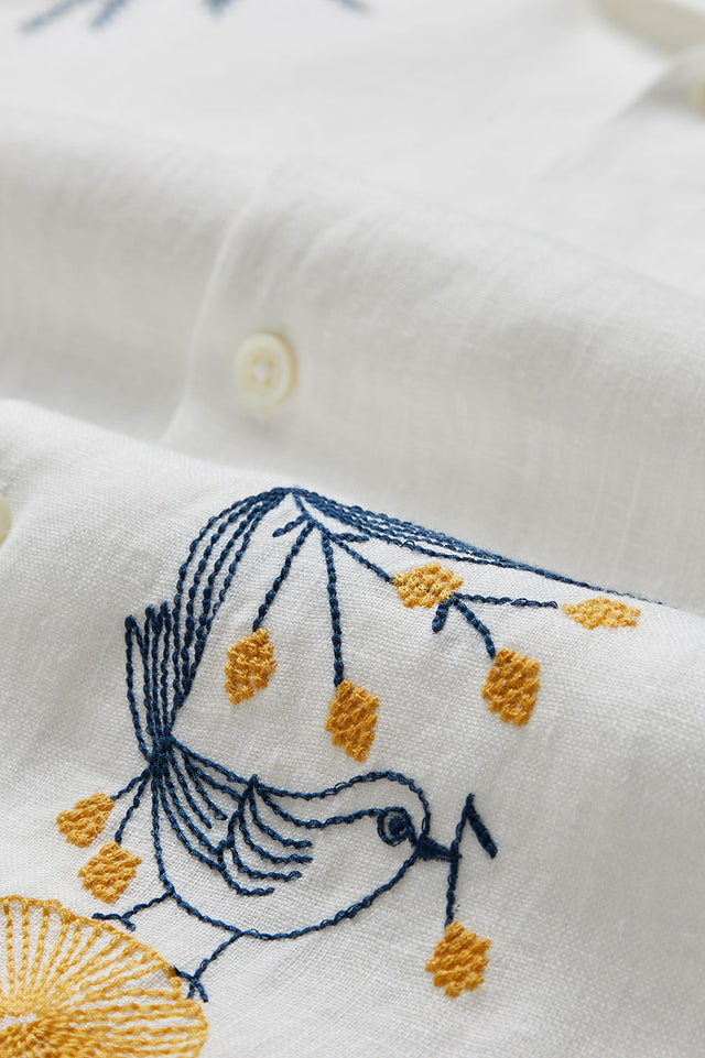 White Embroidery Bird & Flowers Shirt