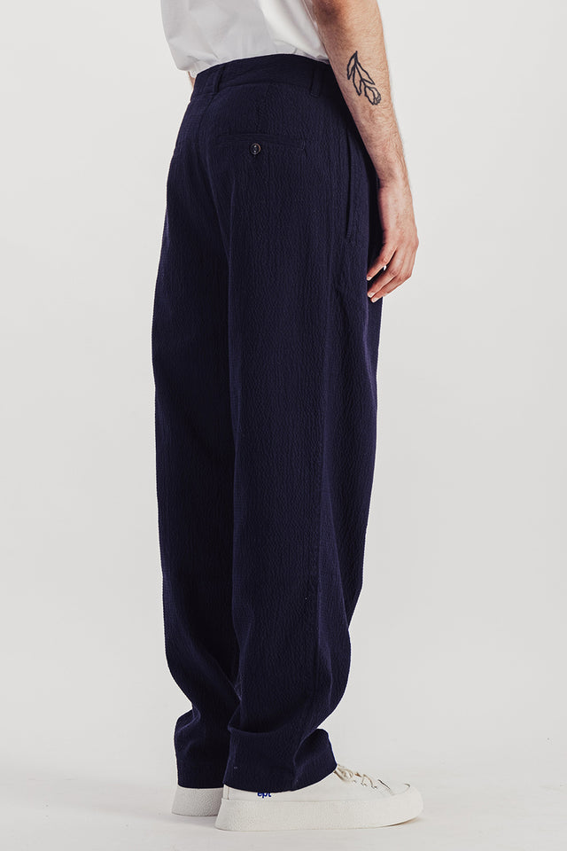 Navy Double Pleats Seersucker Pants