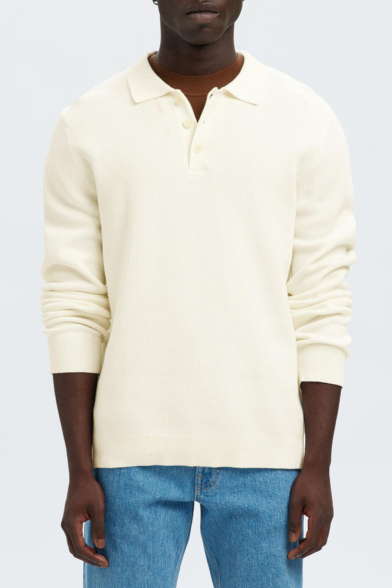 Selected Egret Dane Structured Knit Polo Shirt 
