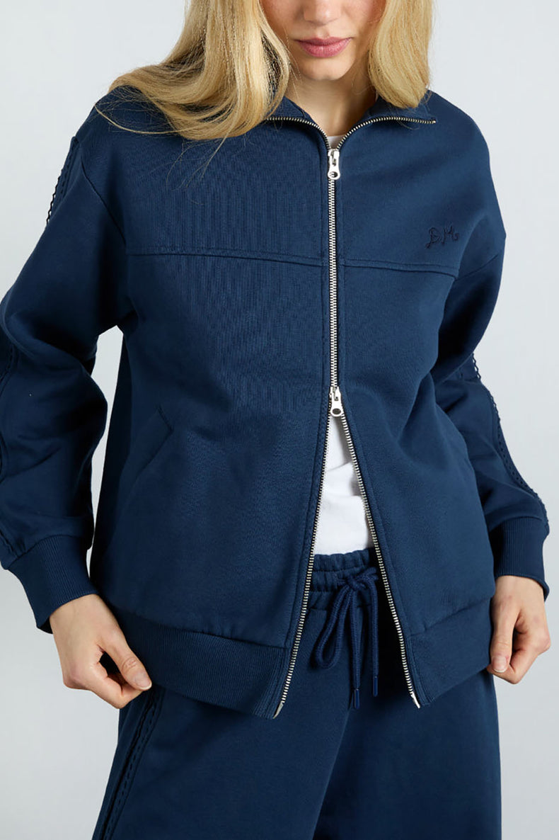 Navy Andie Zip Hoodie With Crochet Stripe