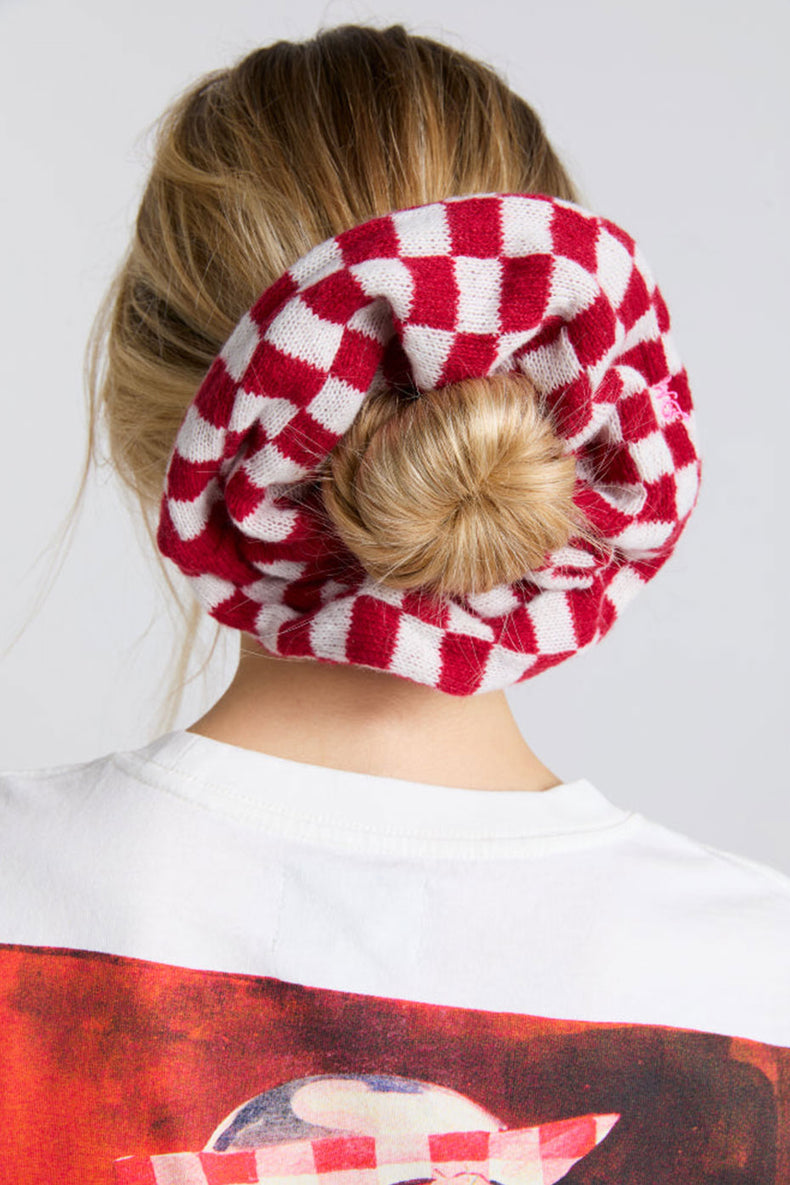 Red & Ecru Gingham Knitted Scrunchie