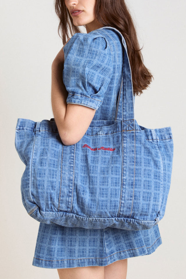 Damson Madder Blue Laser Check Denim Tote Bag 
