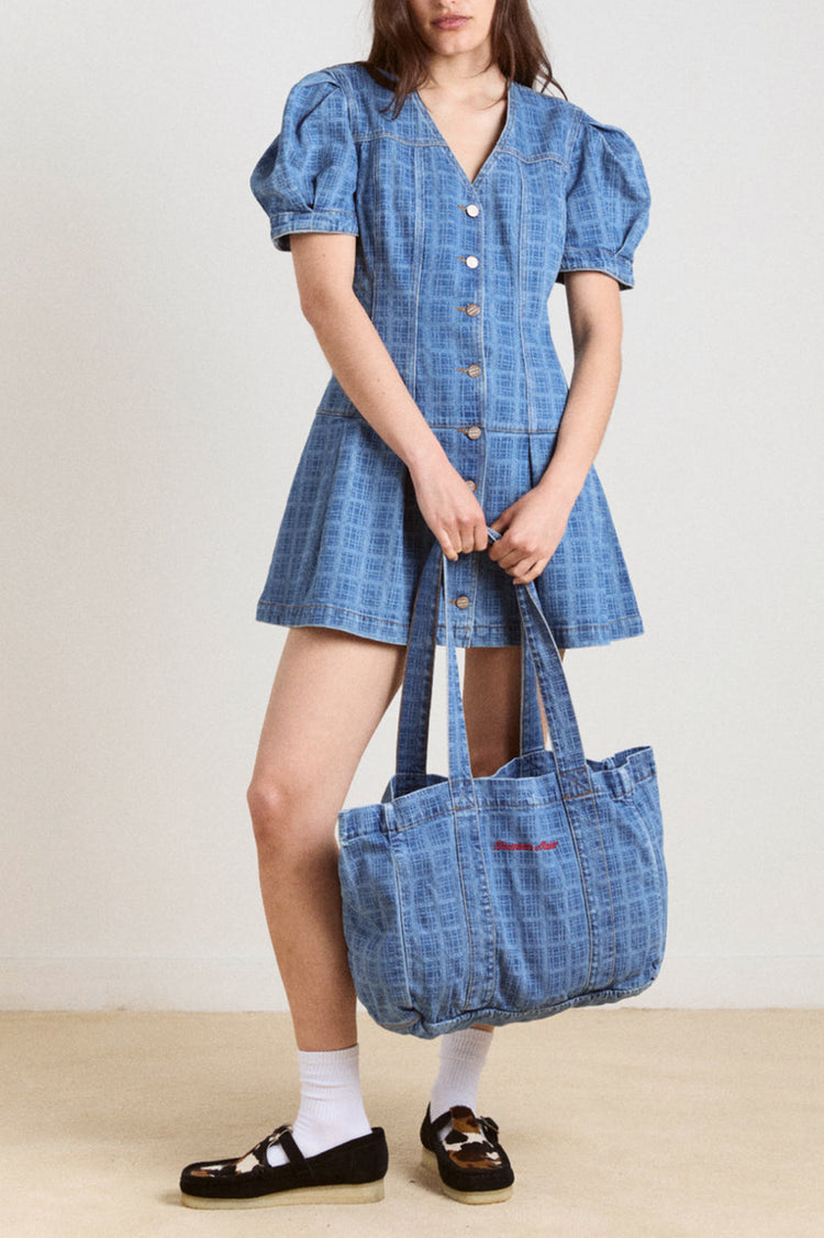Damson Madder Blue Laser Check Denim Tote Bag 