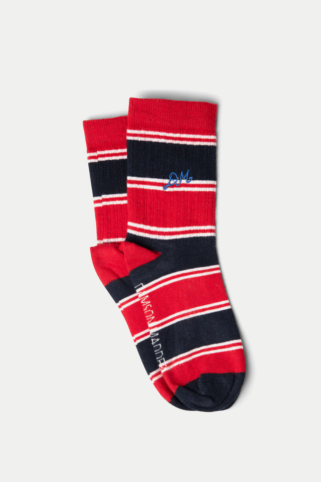 Damson Madder Red Navy Stripe Calf Length Socks 