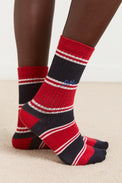 Damson Madder Red Navy Stripe Calf Length Socks 