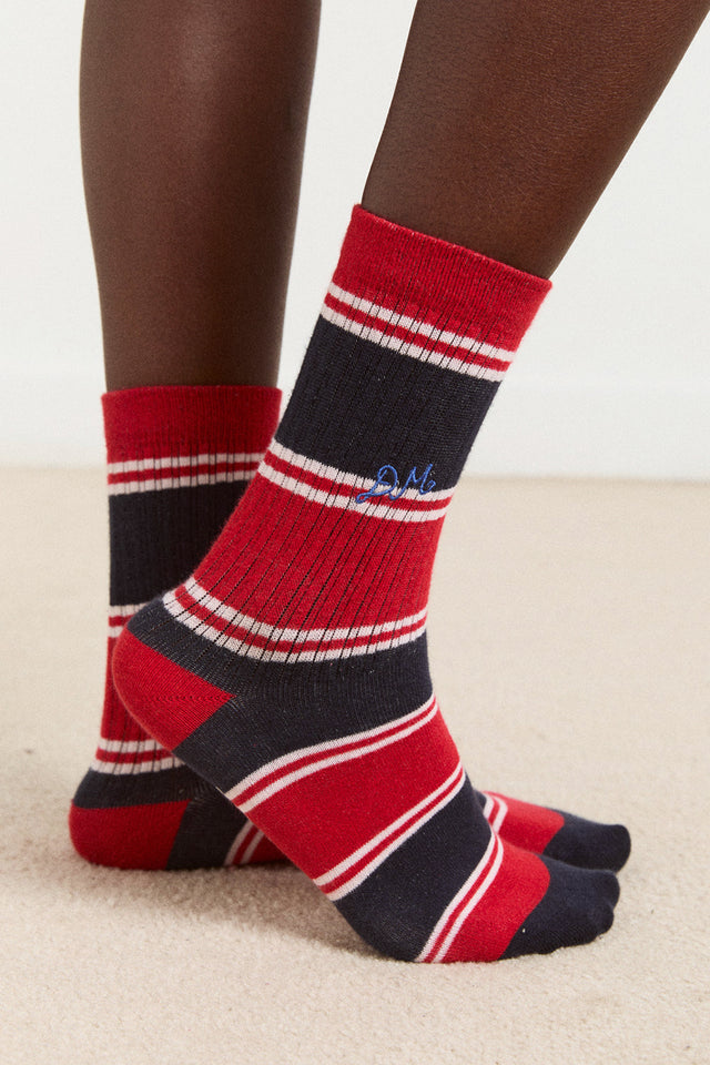 Damson Madder Red Navy Stripe Calf Length Socks 