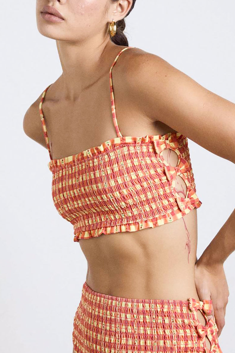 Orange Gingham Jezebel Shirred Bow Bikini Top