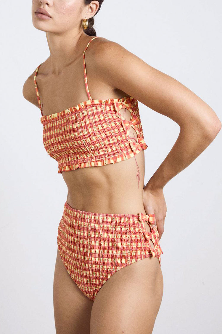 Orange Gingham Jezebel Shirred Bow Bikini Top