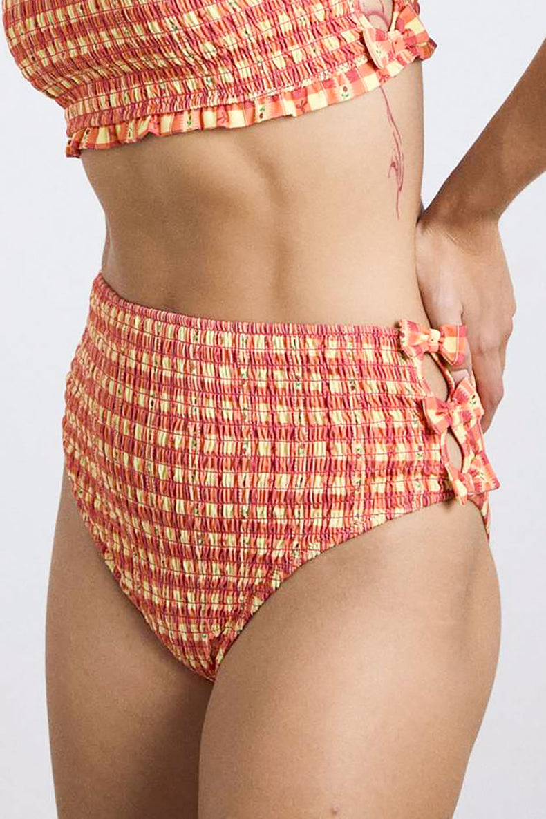 Orange Gingham Shirred Bow High Bikini Bottom