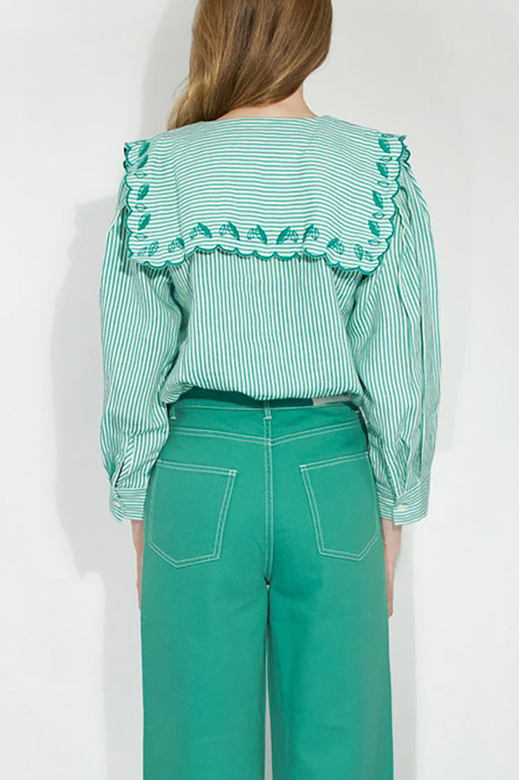 Off White Emerald Striped Embroidered Blouse