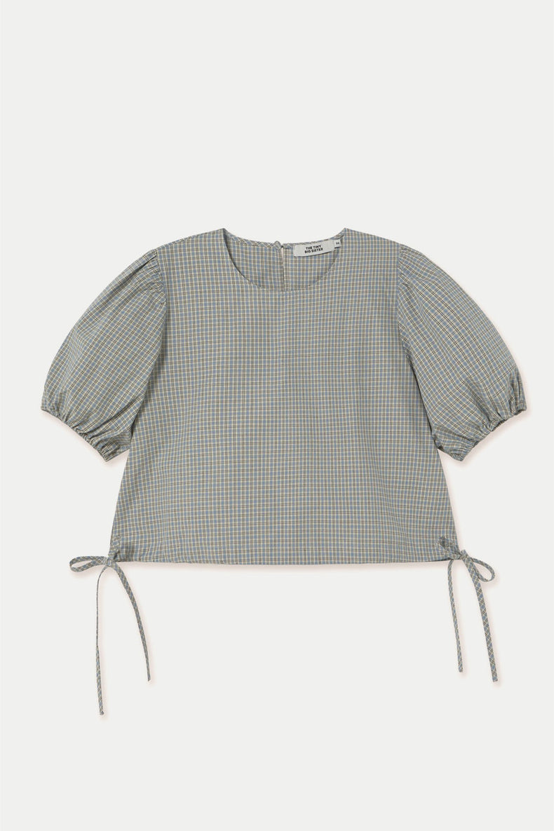 Dark Vanilla Azure Check Puff Sleeves Blouse