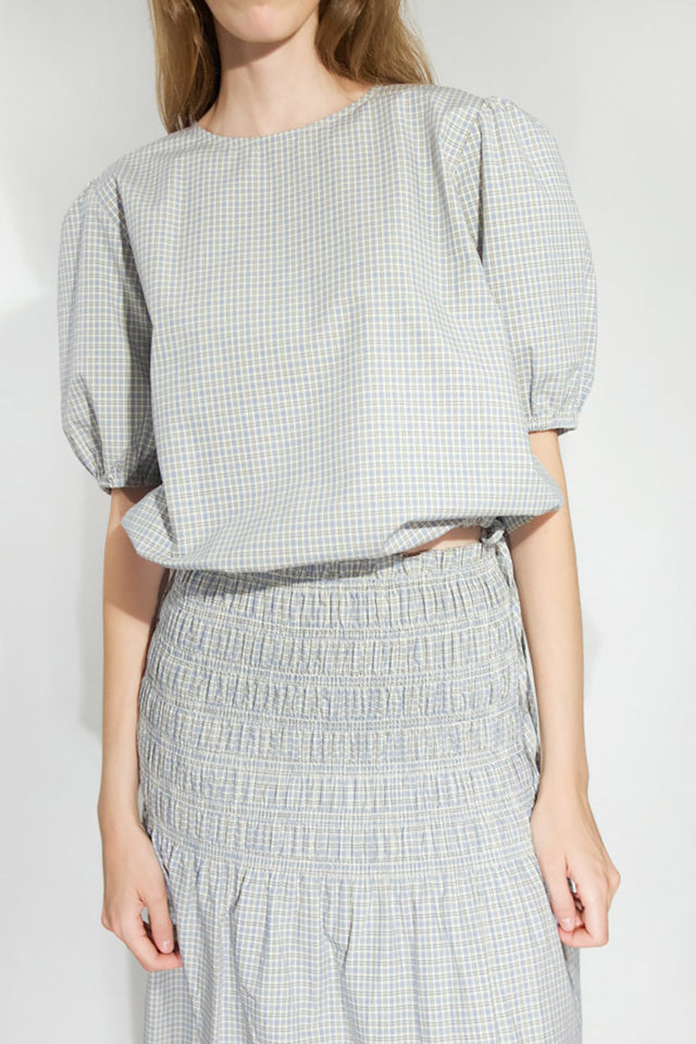 Dark Vanilla Azure Check Puff Sleeves Blouse