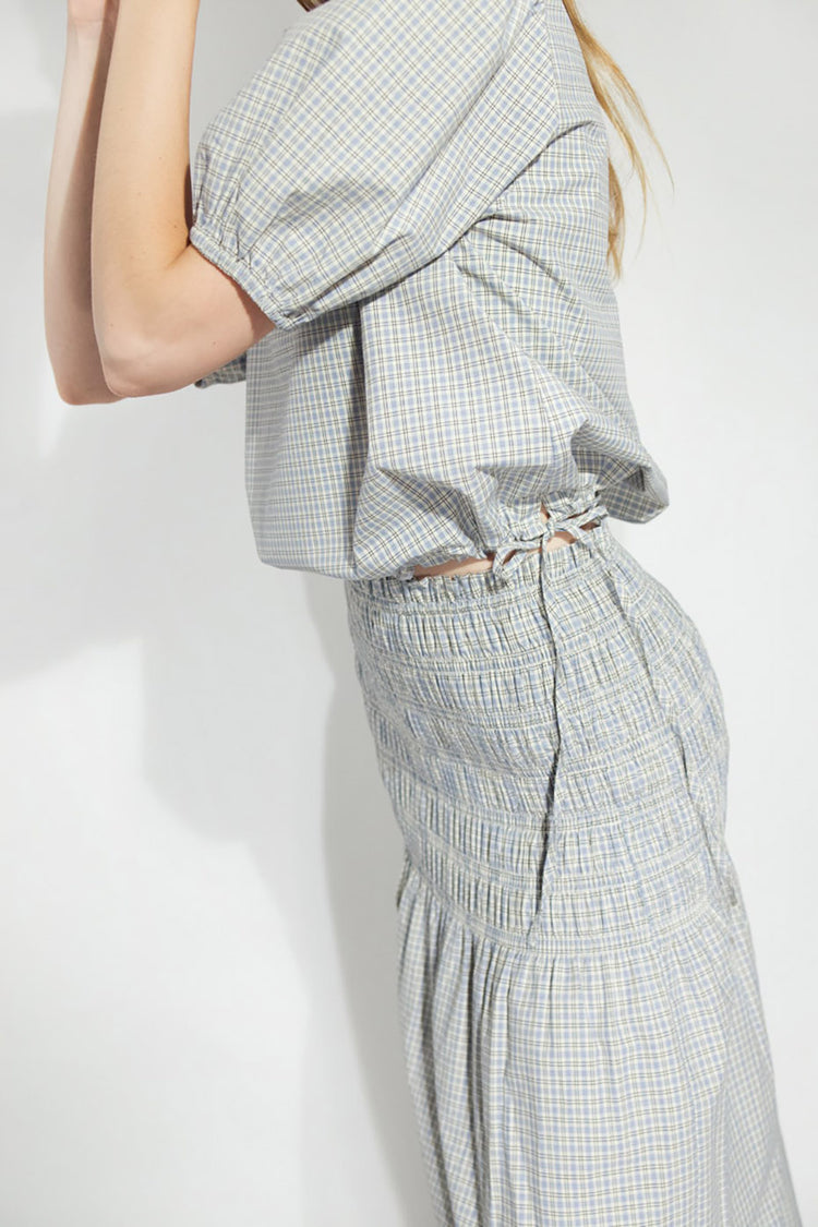 Dark Vanilla Azure Check Puff Sleeves Blouse