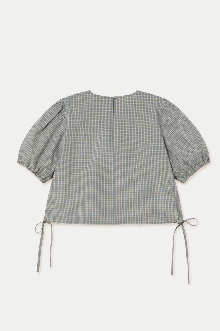 Dark Vanilla Azure Check Puff Sleeves Blouse