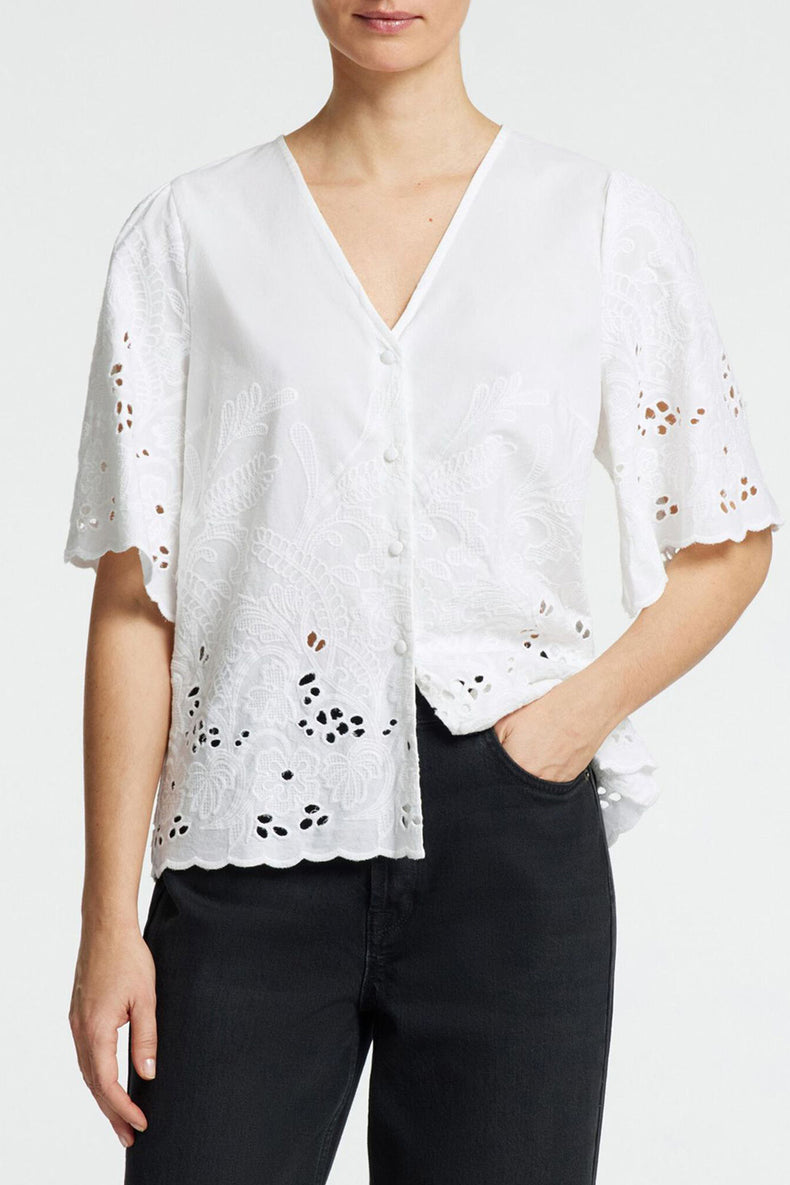 White Dahlia Embroidered Short Sleeve Shirt